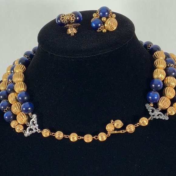 Vintage Bead Necklace Sapphire Blue Moon Glow and Gold - Clip Cluster Earrings - Picture 8 of 14